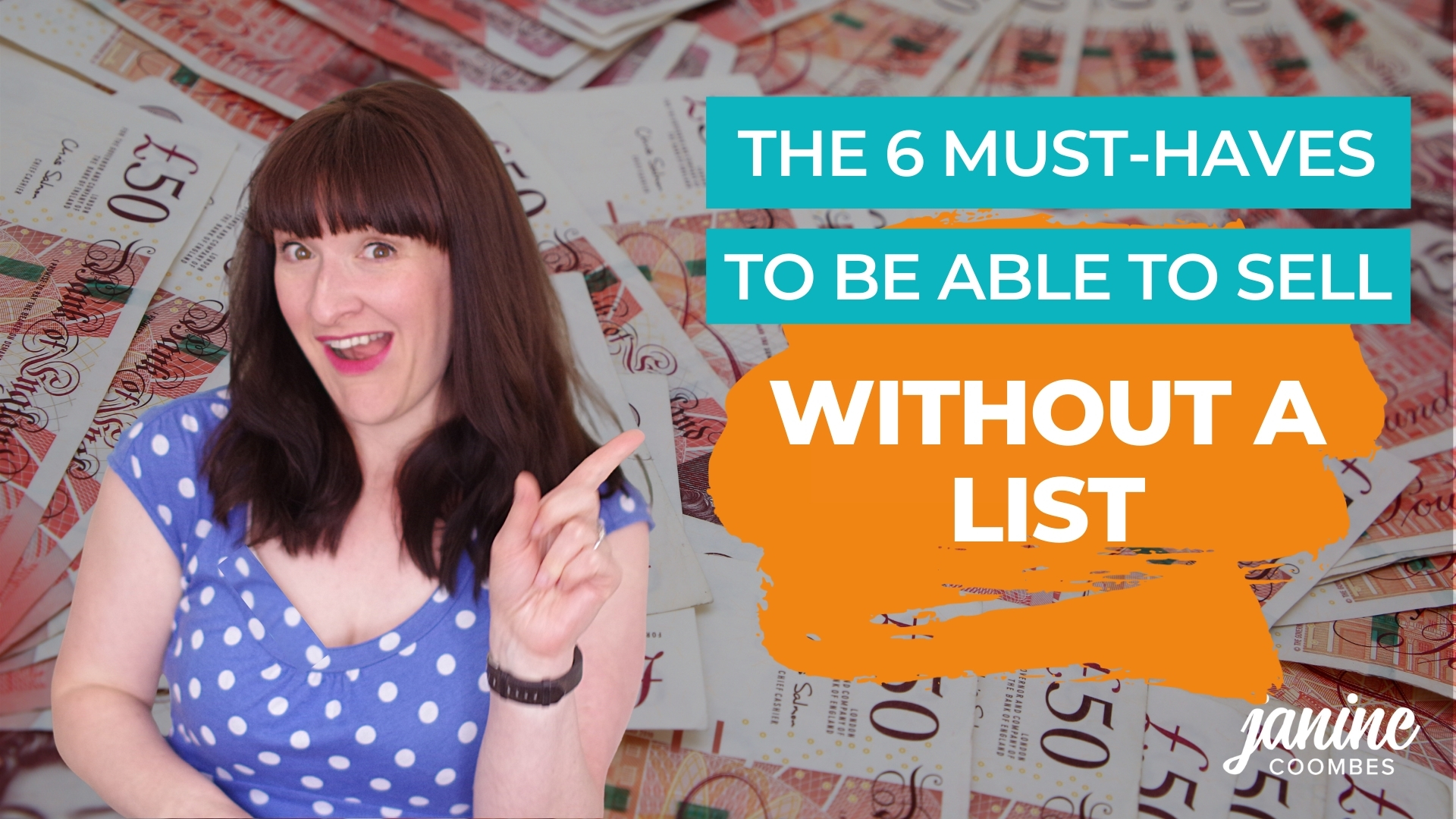 Janine in spotty blue dress pointing to the title with money in the background