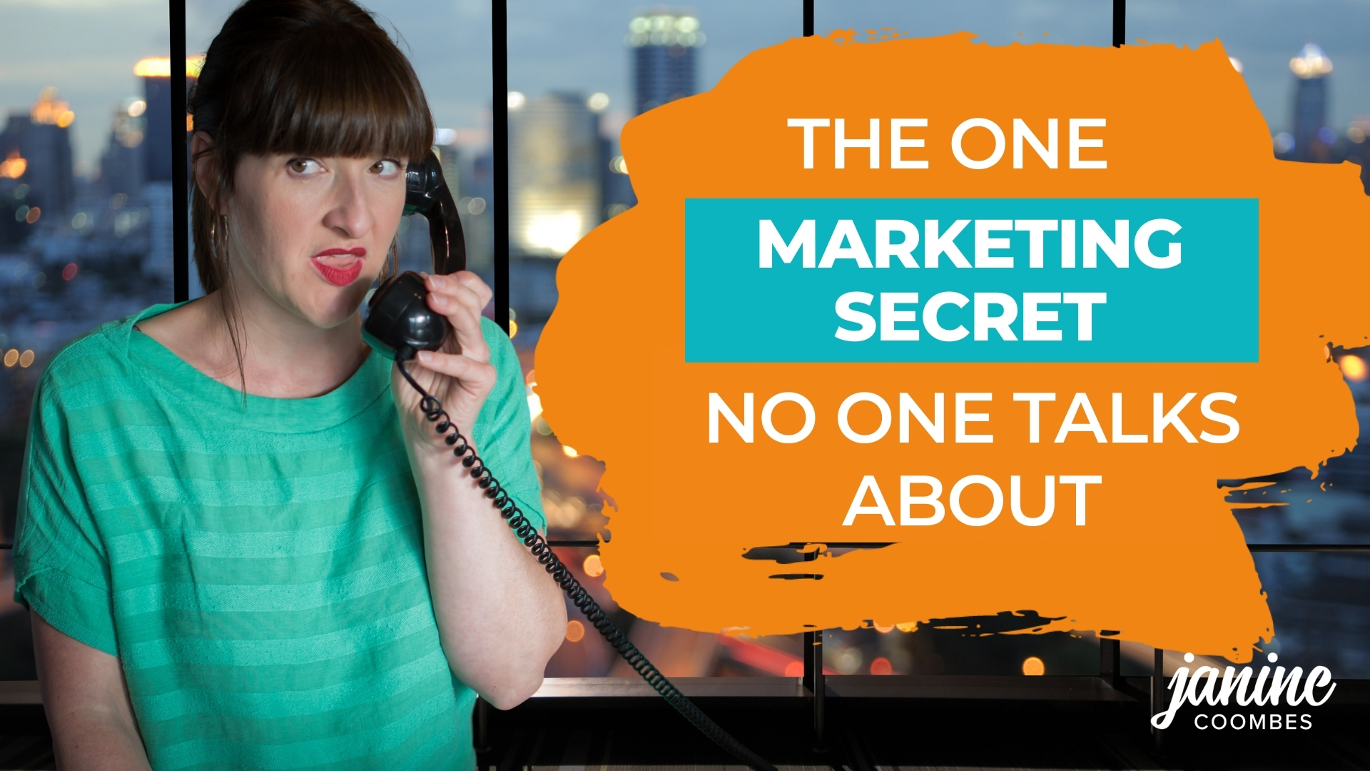 Janine Coombes looking secretive talking into an old fashioned phone next to the blog title.