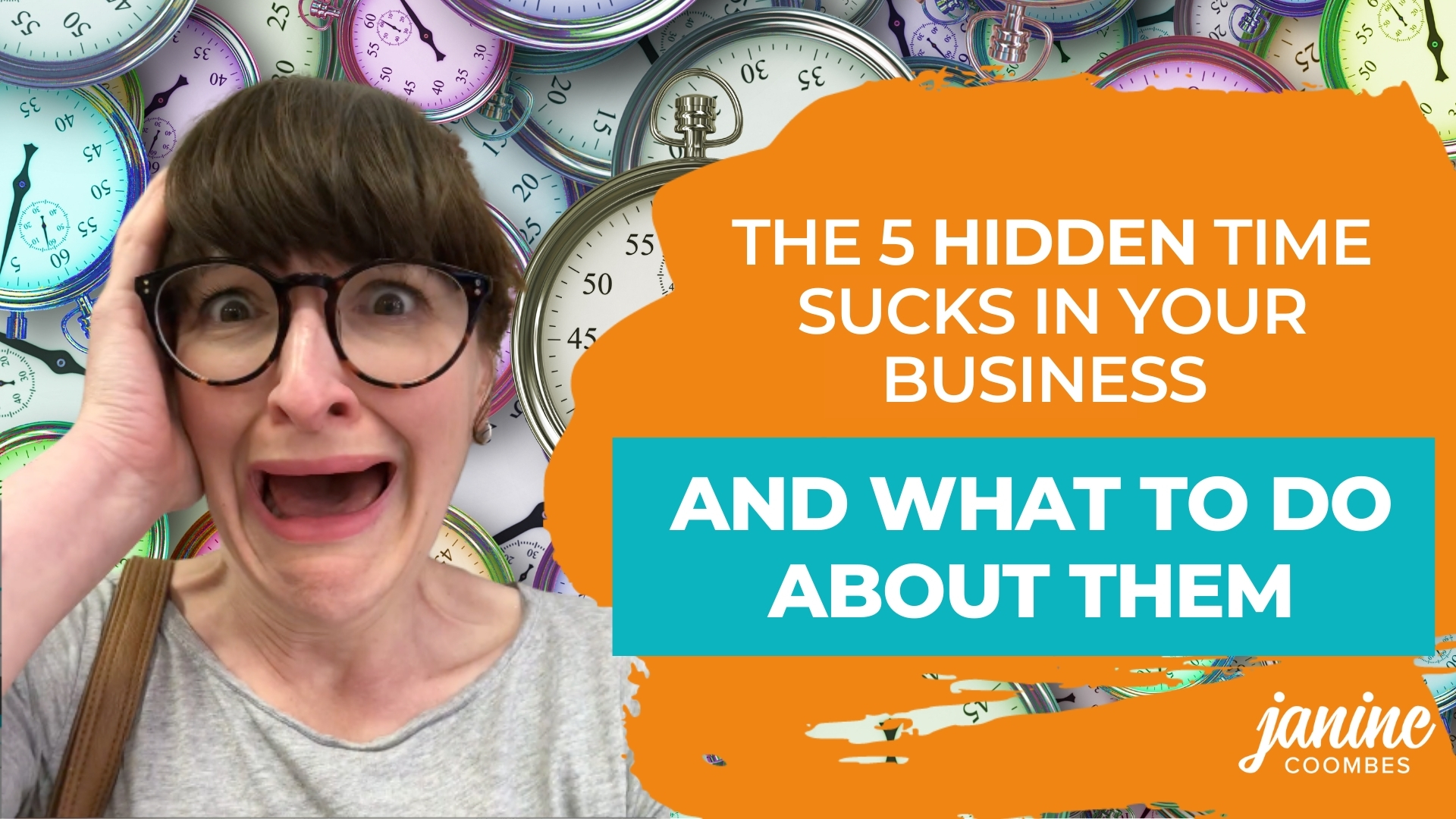 Janine looking scared and worried in front of multicoloured stopwatches and next to the blog title