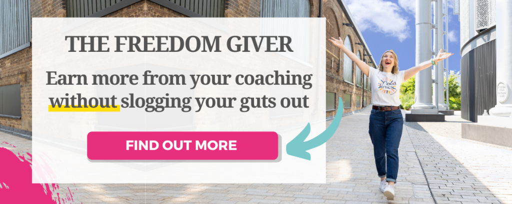 Promo image for The Freedom Giver programme. Earn more money from your coaching without slogging your guts out. Janine stands to the right of the type. A full body shot. She's a white woman with mid length mid blonee hair. She wears blue jeans and a white t-shirt and has her arms outstretched looking to the sky with her mouth open as if she's saying 'yay'.