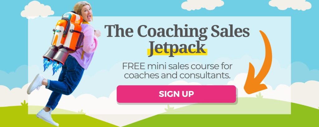 The background is a cartoon rolliing green hills, blue sky and white clouds. The text reads 'the coaching sales jetpack- free mini sales course for coaches and consultants. There is a big pink button saying 'sign up'. Janine Coombes stands to the left with her back 3/4 to the camera. She looks over her shoulder smiling. She's a white middle aged woman with shoulder length mid blonde hair. She wears a pink and purple cardigan, dark blue jeans and white trainers. On her back is a bright orange and white jetpack with blue flames coming out of the metallic nozzles at the bottom.