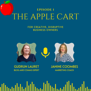 Podcast promo graphic for Gudrun Lauret's The Apple Cart Podcast Episdoe 1 with Janine Coombes. The background is dark blue. The type is in yellow. There's a head shot of Gudrun and Janine featured. And a picture of a red apple in the top left hand side.