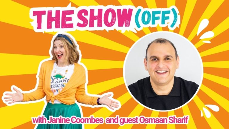 The background is bright orange and yellow sunbeam stripes radiating out from a headshot of Osman Sharif. Osmaan is a middle aged man with pale brown skin, black hair, brown eys and he’s smiling at the camera. He wears a black top. Janine Coombes, a middle-aged white woman with shoulder length dark blonde hair and stands to the left with her hands out as if to say ‘ta dah!’ She wears a white t-shirt with ‘good times’ on it, a green pleated skirt and a yellowy orange cardigan. The words read The Show (Off) with Janine Coombes and guest Osmaan Sharif.